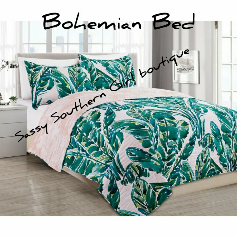 ⭐🆕Boho reversible palm quilted comforter set